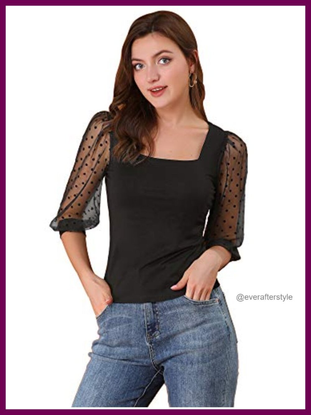 Allegra K Women's Retro Square Neck Top Semi Sheer 3/4 Mesh Sleeve Slim Fit